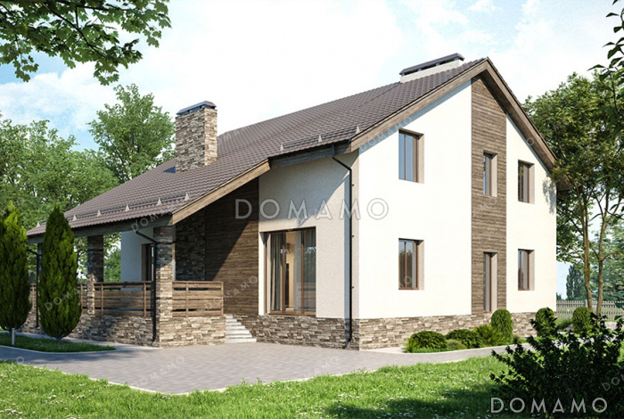 Проект дома с 3 спальнями, кабинетом, длинной угловой террасой и окнами в пол