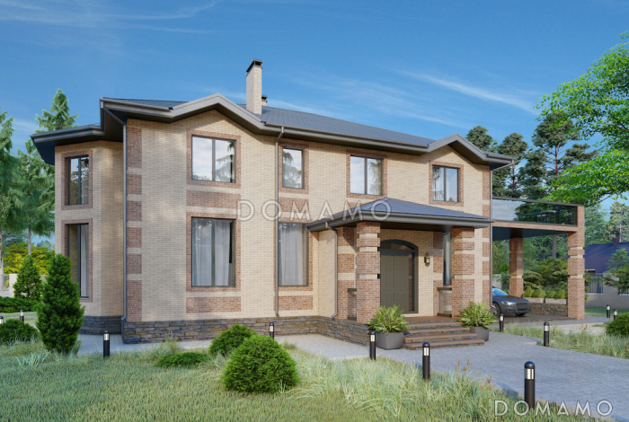 Проект двухэтажного кирпичного дома со вторым светом, навесом для автомобиля и открытой террасой на втором этаже