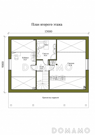 Проект одноэтажного дома с мансардой и просторной крытой террасой / План мансардного этажа