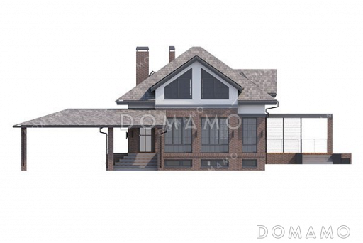Проект одноэтажного дома с мансардой, большой террасой и навесом на два автомобиля / Фасад 1