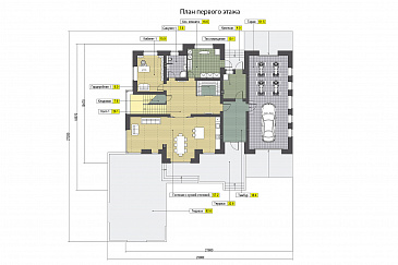 Проект дома с гаражом, двумя открытыми террасами, кабинетами, игровой на втором этаже, кладовыми / План 1 этажа