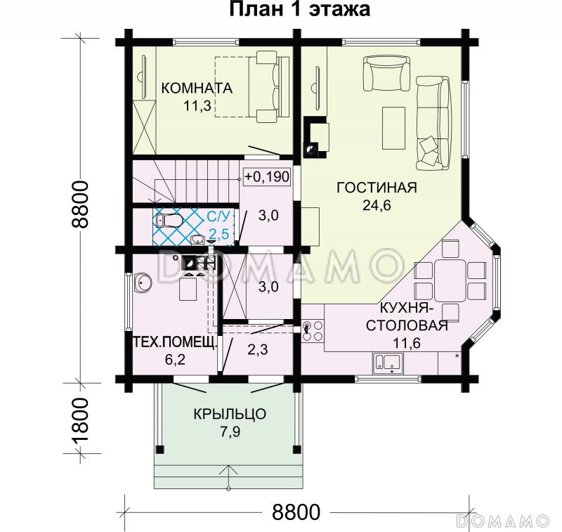 Проект дома из бруса с тремя спальными комнатами на мансардном этаже / План 1 этажа