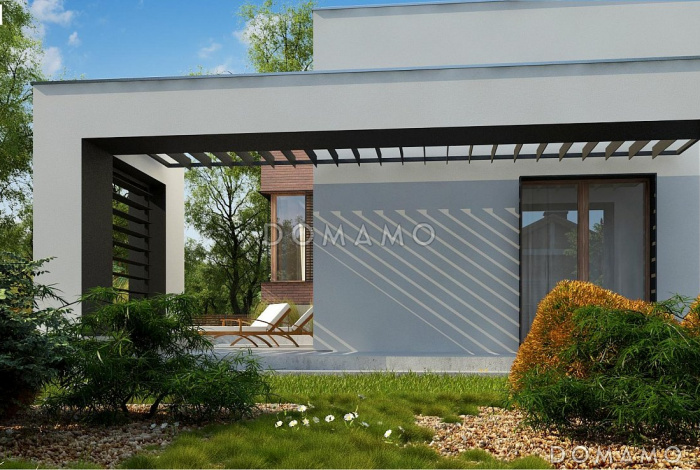 Проект современного одноэтажного дома из газобетона с плоской крышей с тремя спальнями и подземным гаражом