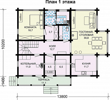 Проект деревянного дома с 4 спальнями и вторым светом в гостиной-столовой / План 1 этажа
