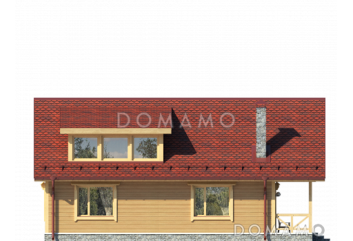 Проект одноэтажного дома из бруса с мансардой и двумя террасами на обоих этажах по всей ширине дома / Фасад 4