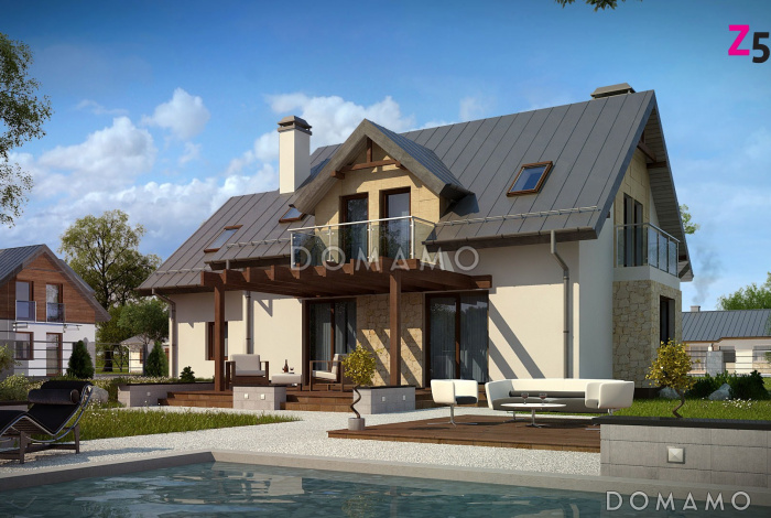 Проект одноэтажного коттеджа из газобетона с мансардным этажом, пятью спальнями и гаражом