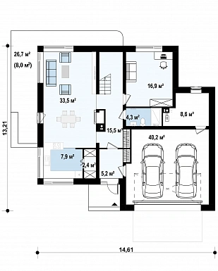 Проект двухэтажного дома с гаражом, мастер-спальней и гардеробными в спальнях / План 1 этажа