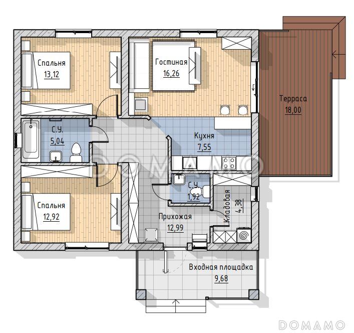 Проект одноэтажного дома в современном стиле / План 1 этажа