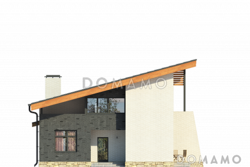Проект загородного дома с косой крышей, открытой террасой, двумя балконами, панорамными окнами / Фасад 4