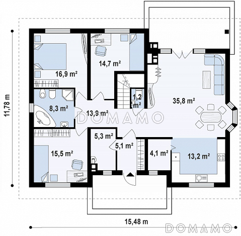 Проект одноэтажного дома из газобетона с мансардой и барбекю на террасе  / План 1 этажа