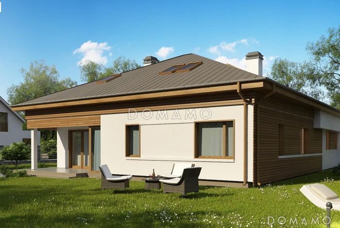 Проект одноэтажного мансардного дома из кирпича со стеклянным эркером и гаражом на два автомобиля