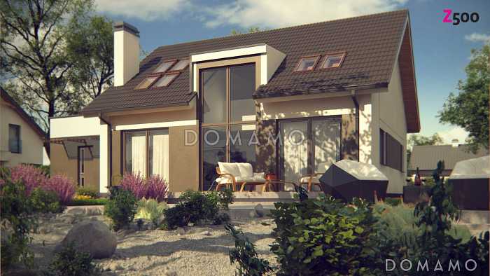 Проект одноэтажного коттеджа из газобетона с мансардным этажом со вторым светом, большим панорамным окном и гаражом 