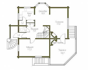 Проект коттеджа из бруса в русском стиле / План 1 этажа