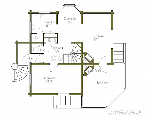 Проект коттеджа из бруса в русском стиле / План 1 этажа