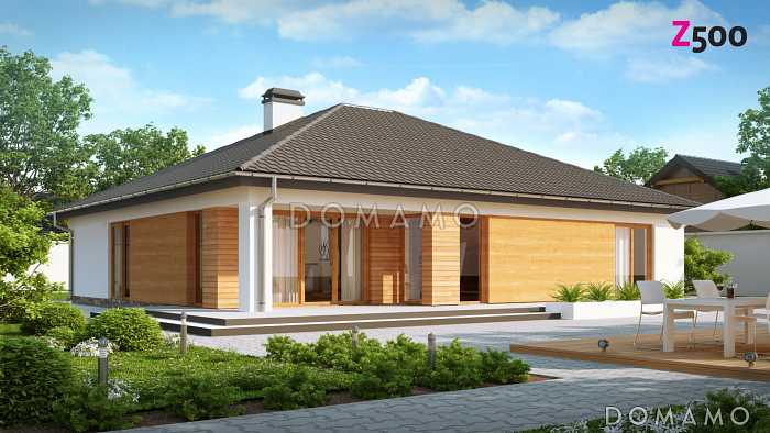 Проект одноэтажного дома из кирпича с просторной гостиной и гаражом на два автомобиля