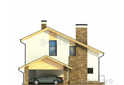 Проект частного дома с навесом для автомобиля, панорамными окнами в кузне-столовой, длинным балконом на мансардном этаже / Фасад 3