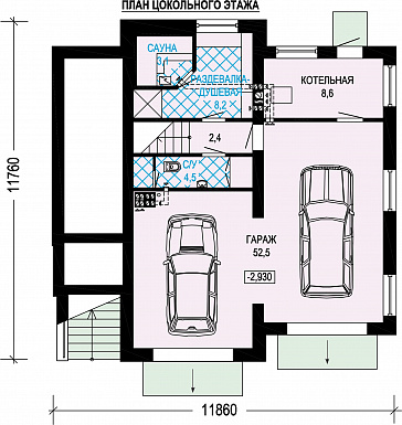 Проект трехэтажного кирпичного дома с двойным гаражом / План цокольного этажа