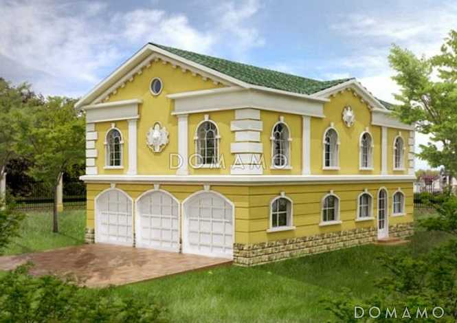 Проект гаража для трех автомобилей с жилыми комнатами на втором этаже