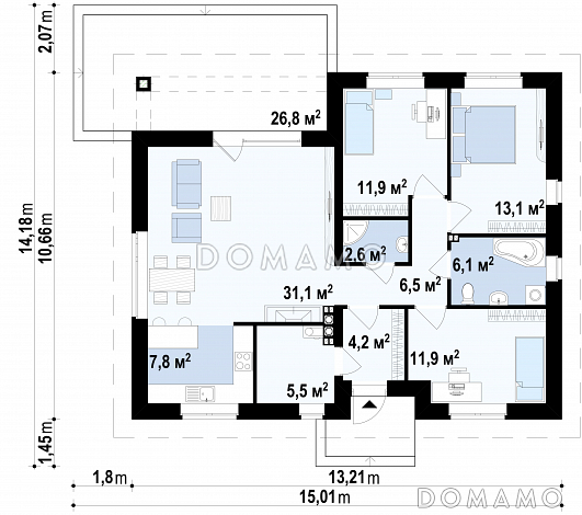 Проект одноэтажного дома из газобетона с тремя спальнями и небольшой крытой угловой террасой, увеличенная версия 273 / План 1 этажа