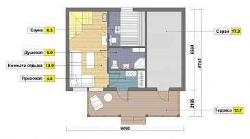 Проект бани из пеноблоков с мансардным этажом / План 1 этажа
