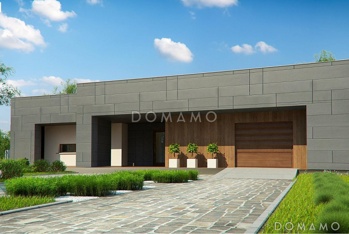 Проект современного одноэтажного дома из кирпича с тремя спальнями, гаражом и внутренним двориком