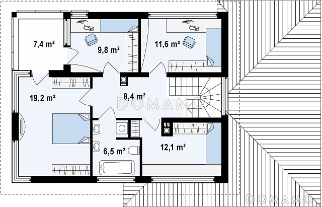 Проект современного двухэтажного дома из газобетона с четырьмя комнатами, гаражом, террасой и балконом / План 2 этажа