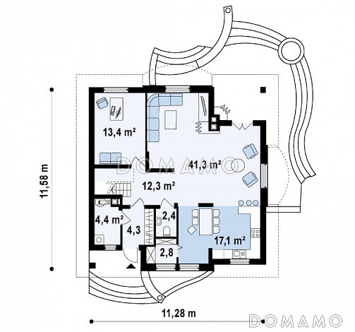 Проект одноэтажного мансардного дома из газобетона с кирпичной облицовкой с двумя балконами и барбекю на террасе  / План 1 этажа