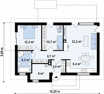 Проект компактного одноэтажного дома из кирпича с современными элементами экстерьера / План 1 этажа