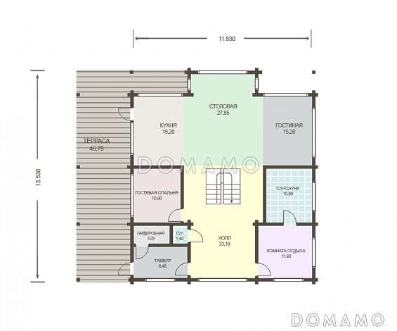 Проект дома из клееного бруса с крытой террасой / План 1 этажа