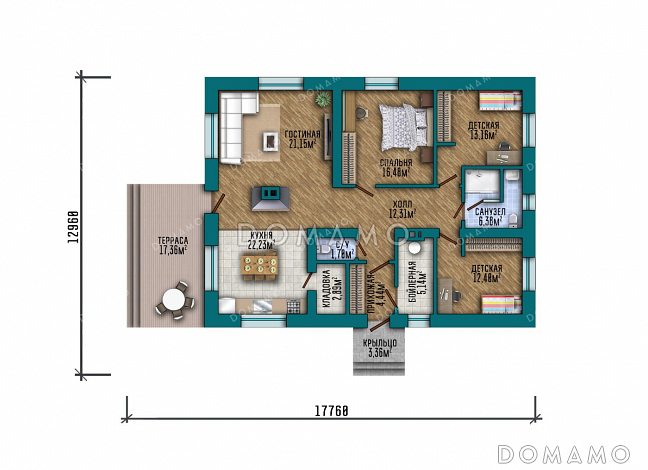Проект одноэтажного дома с 3 спальнями и открытой террасой / План 1 этажа