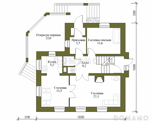 Проект коттеджа с большой террасой и небольшим подвалом. / План 1 этажа