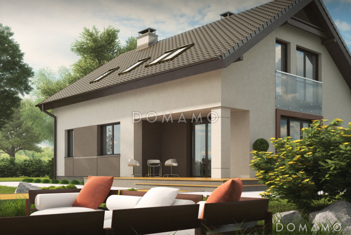 Проект одноэтажного мансардного дома из кирпича с просторной светлой гостиной