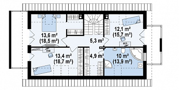 Проект одноэтажного мансардного дома из кирпича с гаражом на два автомобиля для вытянутого участка / План мансардного этажа