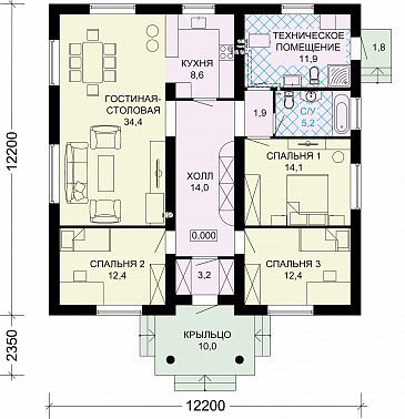 Проект одноэтажного дома из СИП панелей с тремя спальнями / План 1 этажа