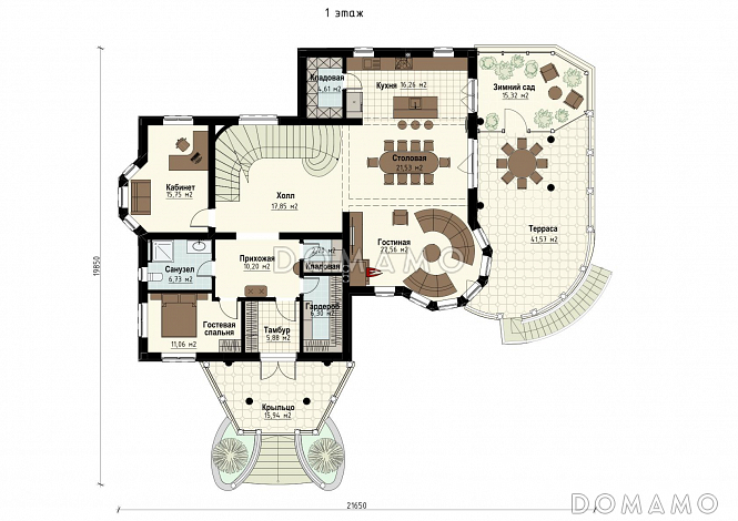 Проект семейного родового дома с террасой, балконами, кабинетами, спортивным залом, сауной / План 1 этажа