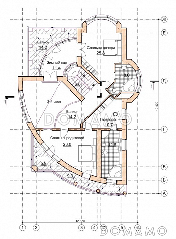 Проект коттеджа с двусветной гостиной и зимним садом / План 2 этажа