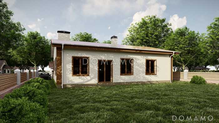 Проект дома с тремя спальнями, гостиной-кухней и постирочной