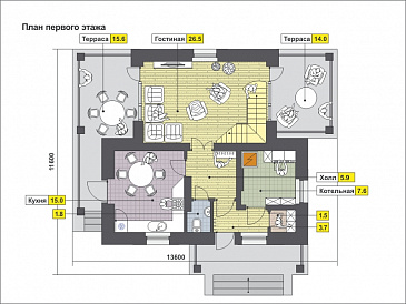 Проект дома рациональной планировкой с двумя террасами, вторым светом, изолированной кухней, тремя спальнями / План 1 этажа