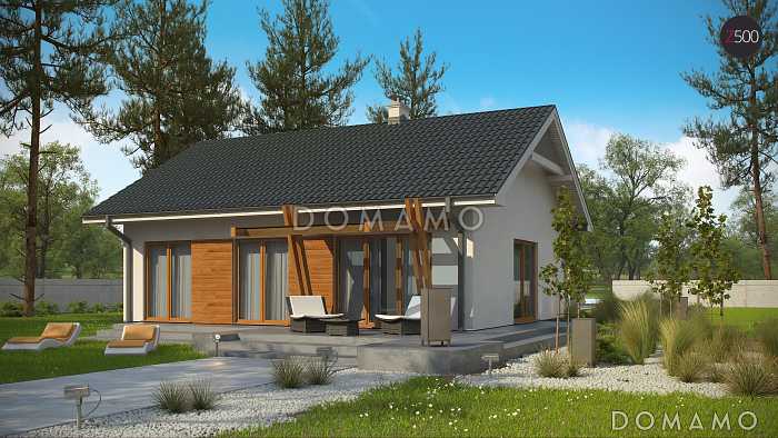 Проект простого компактного одноэтажного дома из газобетона с открытой террасой 