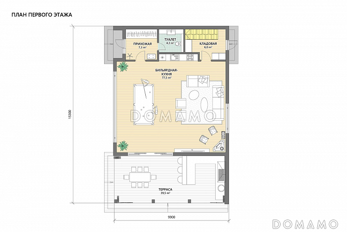 Проект каркасной беседки с крытой террасой барбекю, кухней и бильярдной / План 1 этажа