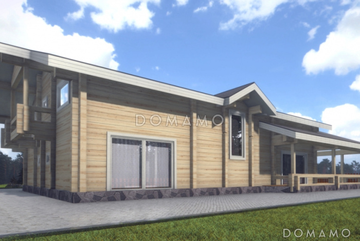 Проект дома из клееного бруса с мансардным этажом, огромной террасой и кабинетом на первом этаже