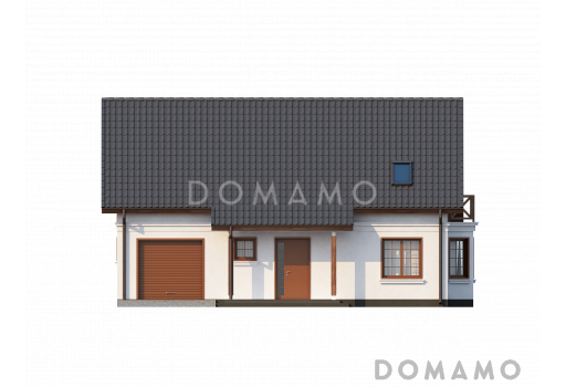 Проект одноэтажного мансардного дома из кирпича с эркером в столовой зоне и со встроенным гаражом / Фасад 2