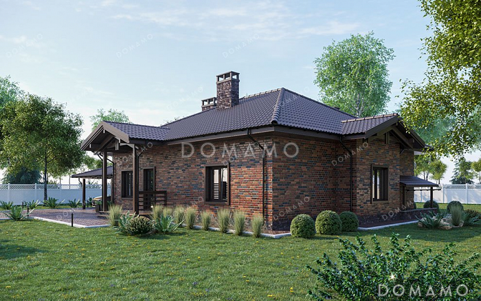 Проект одноэтажного дома с террасой и навесом для авто