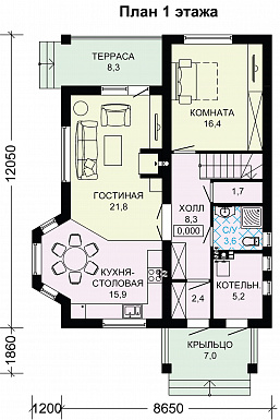 Проект небольшого дома с двумя крытыми террасами / План 1 этажа