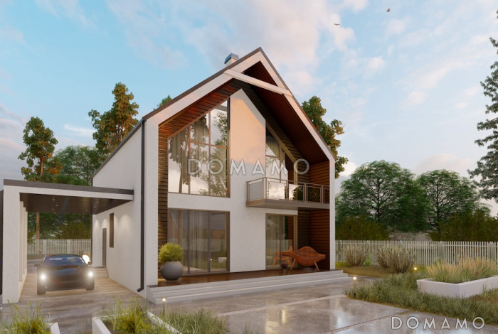 Проект двухэтажного дома в стиле барнхаус с 4 спальнями, вторым светом, крытой террасой и автонавесом