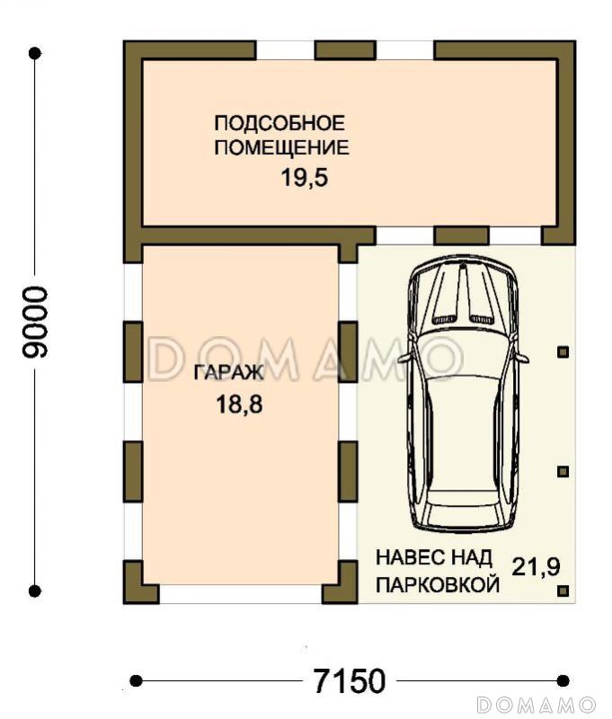 Проект гаража с навесом и подсобным помещением / План 1 этажа