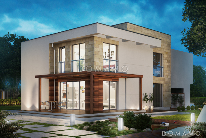 Проект современного загородного дома с гаражом на 2 автомобиля, террасой, большой кухней, кабинетом