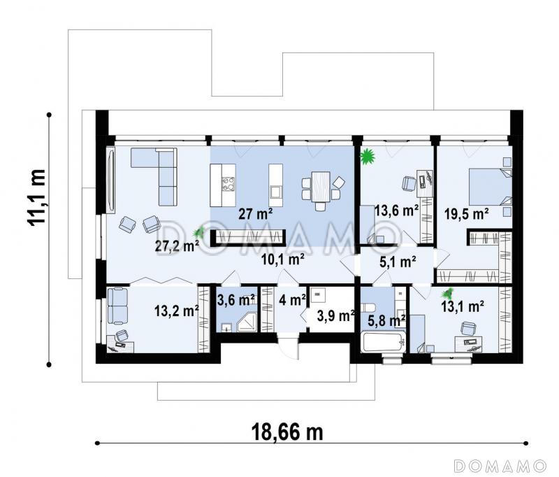Проект одноэтажного дома с ванной с окном, кабинетом, просторными гостиной и кухней-столовой / План 1 этажа