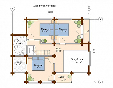 Проект дома из клееного бруса со вторым светом и тремя спальнями на втором этаже / План мансардного этажа