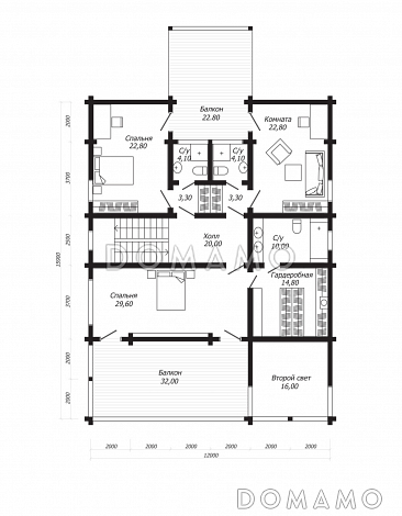 Проект дома из клееного бруса с двумя навесными балконами / План 2 этажа